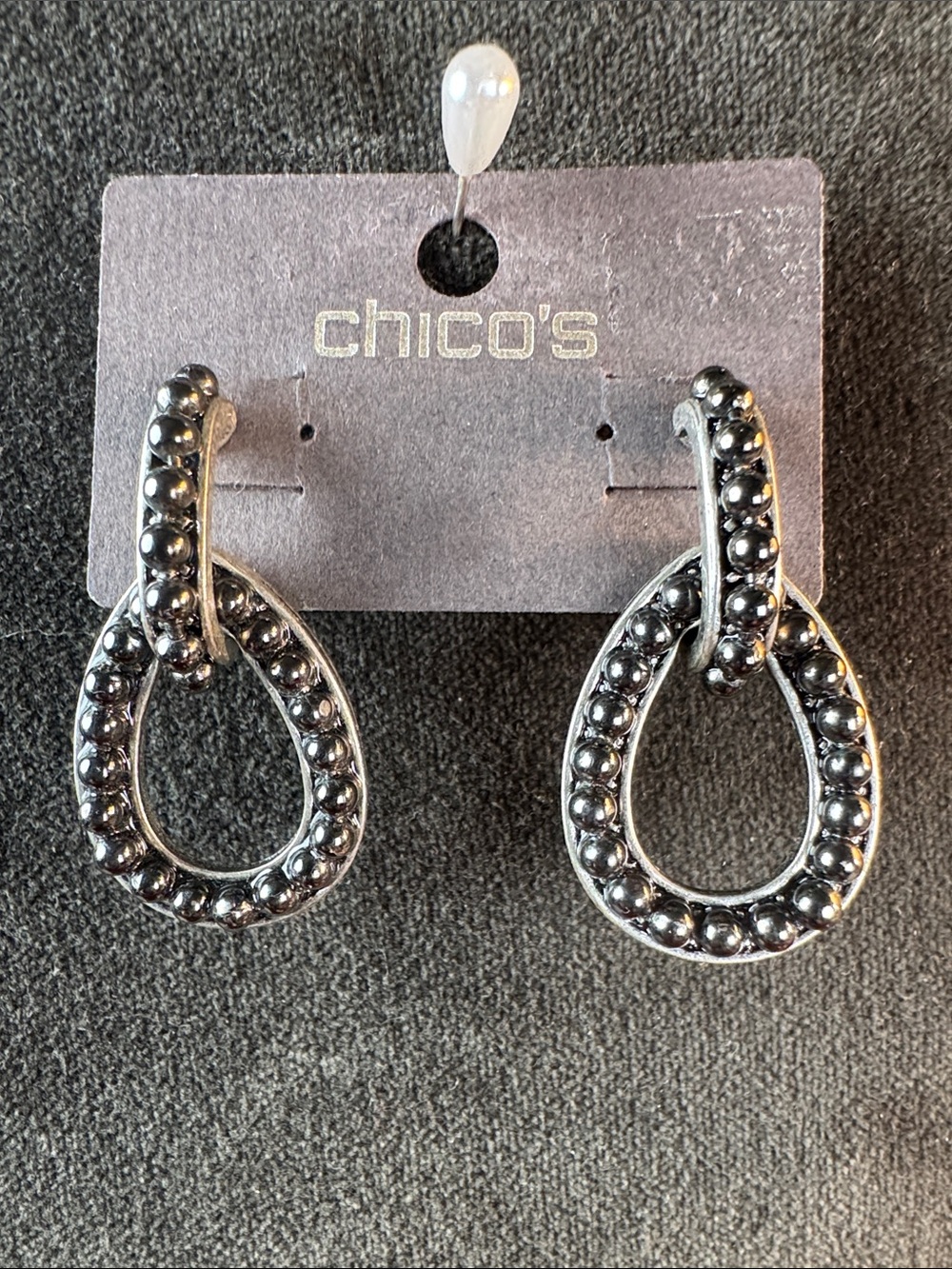 0392-Chico's Gunmetal Beaded Teardrop Loop Earrings
